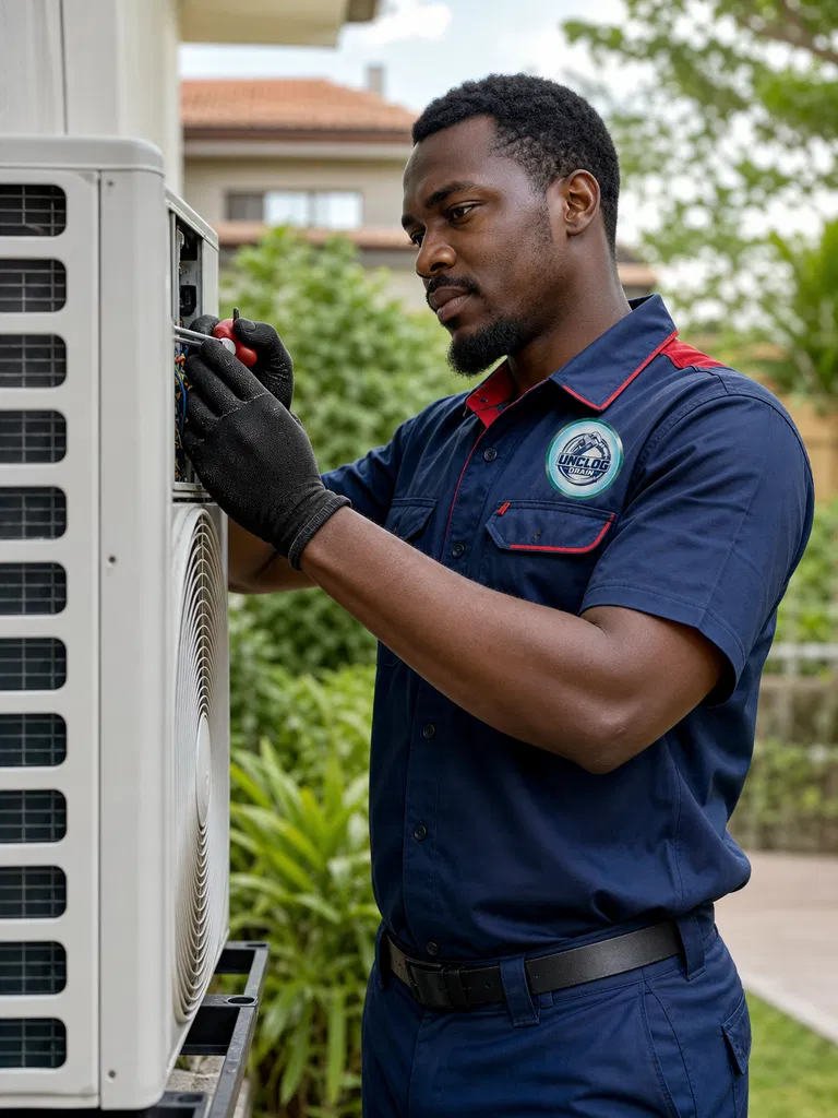 AC Installation & Repair: Male technician working on an outdoor AC condenser unit in a lush residential setting.