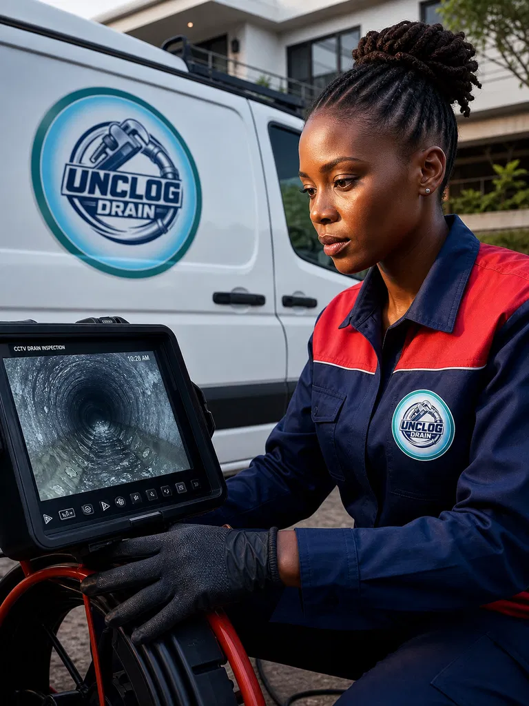 CCTV Drain Inspection: A female technician monitoring a high-tech pipe inspection screen.