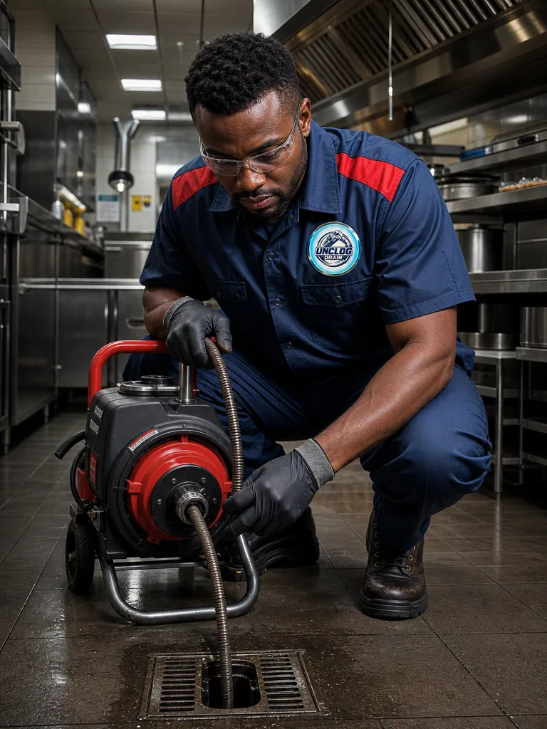 Commercial Drain Cleaning: Male technician working in a large commercial kitchen with a heavy-duty electric drain cleaner.