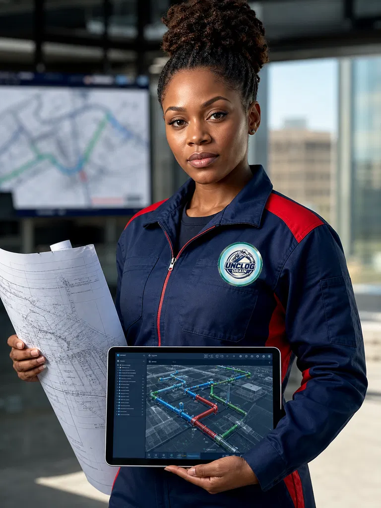 Drainage System Engineering & Mapping: Female technician holding a blueprint and a tablet showing a 3D drainage map.