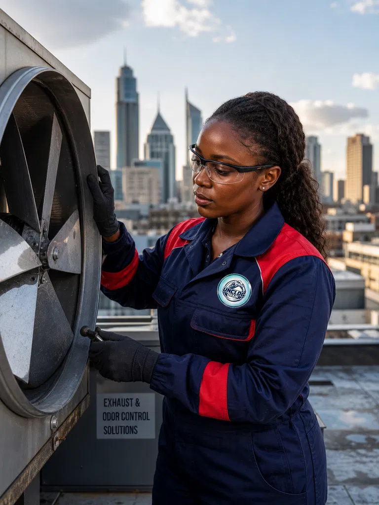 : Female technician inspecting a commercial exhaust fan on a rooftop with the Nairobi skyline behind him.