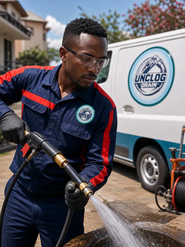 Hydro Jetting Services: A male technician using a high-pressure hydro jetting hose on a main line.