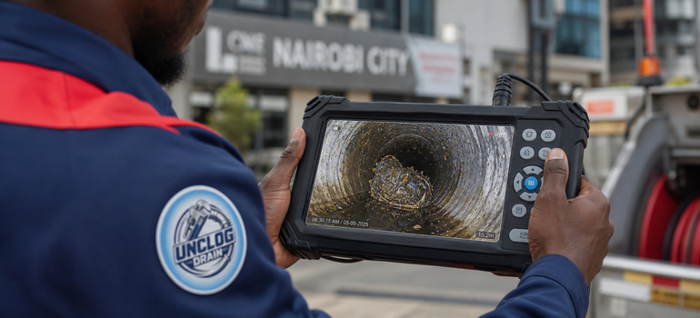 Professional CCTV drain inspection in Nairobi for blocked drains, sewer diagnosis, and pipe damage detection.